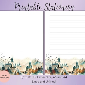 May include: Printable stationery featuring a watercolor illustration of a castle with a forest background. The stationery is available in 8.5 x 11 inch US Letter size, A5 and A4, and comes in lined and unlined options.