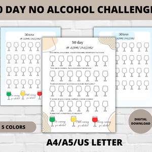 Könnte beinhalten: Druckbarer 30-Tage-Alkohol-Challenge-Tracker mit 30 Weinglas-Symbolen zum Ausmalen. Der Tracker enthält motivierenden Text und eine Auswahl von 5 Farben. Der Text lautet "30 Tage ohne Alkohol".