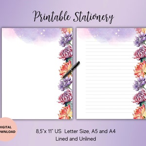Dahlia Papelaria para impressão-Flor Estacionário-Digital Download-Conjunto de papel para escrita para impressão Forrado sem forro A4/A5/US Letter- Suprimentos para amigos por correspondência
