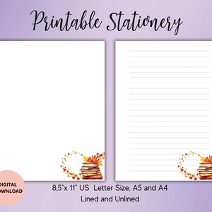 Papelería imprimible para amantes de los libros: bloc de notas con hojas de otoño, juego de papel digital para escribir con líneas y sin líneas, tamaño A4/A5/carta de EE. UU., papel de notas otoñal