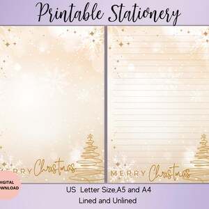 Christmas Printable Stationery-Gold Christmas Writing Paper Set Lined Unlined A4/A5/US Letter-Christmas Notepaper