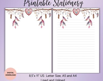 Boho Dreamcatcher Printable Stationery Set-Boho Writing Paper Unlined Lined A4/A5/US Letter-Floral Stationery for Letters/Notes