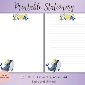 Papelaria infantil - Baleia IMPRIMÍVEL - Papelaria animal marinho - Conjunto de papel de carta para impressão de flores A4/carta dos EUA pautado sem pauta - Notas adesivas