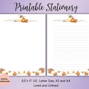 Papelería imprimible con calabaza de otoño, carta digital con hojas de otoño, papelería, juego de papel para escribir imprimible, rayado, sin rayar, tamaño A4, A5, carta de EE. UU.
