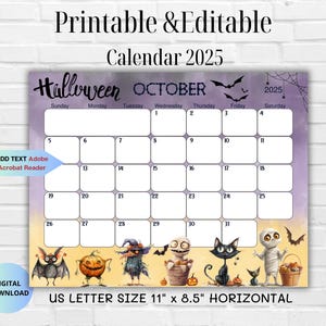 Editable October 2025 Calendar-Halloween 2025 Planner-Cute Spooky Halloween Planner-Printable Editable Calendar for Kids- Instant Download