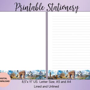 Papelería imprimible para viajes - Juego de papel para escribir por países, sin rayas, tamaño A4/A5/carta de EE. UU. - Papel de notas de viaje - Papelería bonita para cartas y notas