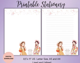 Girls With Cat Printable Stationery-Kawaii Stationery-Cute Letter Writing Paper Lined Unlined A4/A5/US letter Paper-Girl Stationary-Notepad