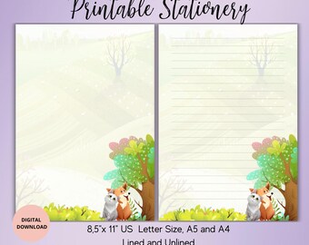 Cute Animals Printable Stationery-Fox and Cat Writing paper set Lined Unlined A5/A4/US Letter-Animal Notepaper-Cute Animal Stationery