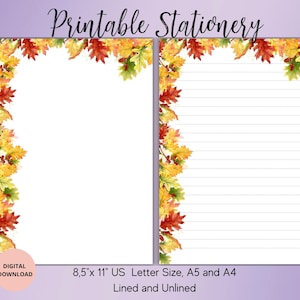 Conjunto de papelaria para impressão de folhas de outono - Papel de carta de outono pautado sem pauta A4, A5, carta dos EUA - Download digital - Papelaria fofa para cartas e notas