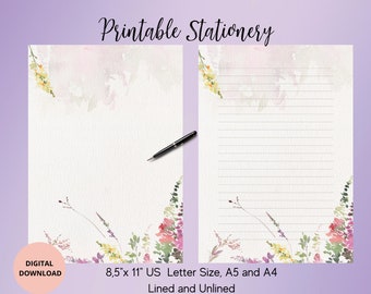 Wildflower Stationary Watercolor Printable Stationery,Penpal Stationary,Floral Writing Paper set Lined Unlined A5/A4/US LETTER Memo sheet