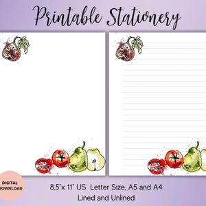 Vegetable Printable Stationary,Fruit writing paper,Watercolor Digital Letter,Printable Writing Paper Set, Lined,Unlined A4,A5 and US Letter