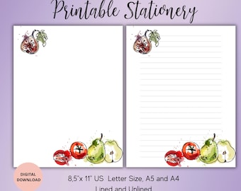 Vegetable Printable Stationary,Fruit writing paper,Watercolor Digital Letter,Printable Writing Paper Set, Lined,Unlined A4,A5 and US Letter