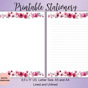 Papelaria para impressão de flores - Papelaria para flores em aquarela - Conjunto de papel de carta para download digital pautado sem pauta A4, A5, carta dos EUA - Bloco de notas de verão