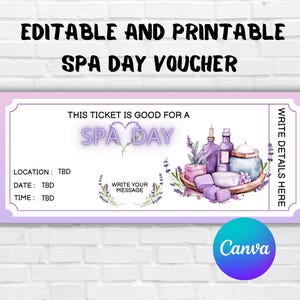 Spa Day EDITABLE Voucher-Personalized Spa Day Gift Voucher-Editable Spa Day Ticket-Printable Spa Voucher-Spa Day Coupon Certificate