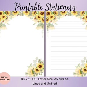 Sonnenblume druckbare Briefpapier, digitaler Download, druckbare Schreibpapier Set liniert unliniert A4, A5, US Letter -Sommer Blume Penpal Lieferungen