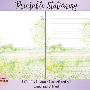 Papelería imprimible con paisajes de verano - Papel de acuarela para escribir, sin rayas, tamaño A5/A4/US - Papelería para cartas y notas - Papel de notas de verano