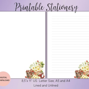 Ensemble de papeterie imprimable Summer Vibes - Fraises et fleurs, papier à lettres imprimable avec lignes, sans doublure, A4, A5, lettre US - Papier à lettres mignon