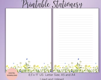 Floral Writing Paper Letter A4,A5,US Letter,Instant Download,Lined Unlined,Wildflower Writing Set ,Flower Printable Stationery,