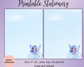 Fairy on the cloud Writing Paper Set Lined Unlined A4/A5/US Letter-Fairytale Printable Stationery-Fairy Pen Pal Supplies-Cute Fairy Notepads