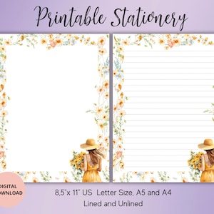 Fille avec fleur jaune papeterie imprimable - Correspondant fleurs fournitures-papier à lettres été avec doublure non doublé A4/A5/US Letter Téléchargement immédiat
