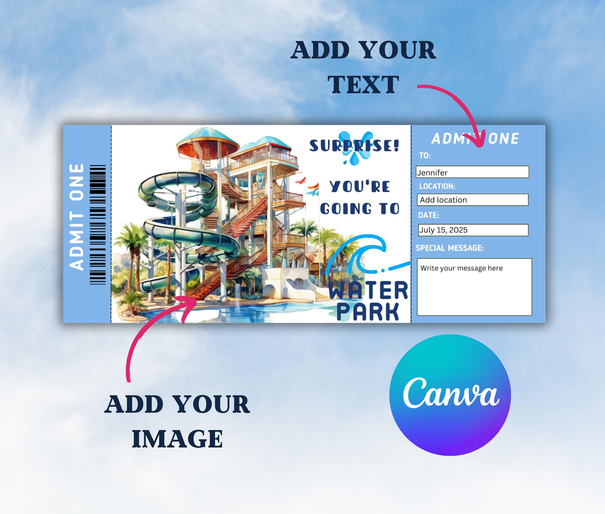 Editable Water Park Surprise Ticket-water Park Gift Certificate Template-printable Water Park ...