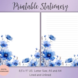 Papelería imprimible con flores azules - Papelería con flores de acuarela - Juego de papel para escribir con descarga digital, rayado, sin rayar, tamaño A4, A5, carta de EE. UU. - Bloc de notas de verano
