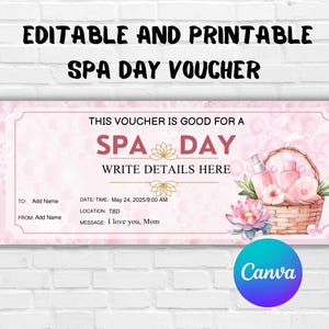 Spa Day EDITABLE Voucher-Personalized Spa Day Gift Voucher-Editable Spa Day Ticket-Printable Spa Voucher-Spa Day Coupon Certificate