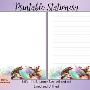 Può includere: Stazioneria stampabile con due clown in stile acquerello con schizzi di colore. La stazioneria è disponibile in formato lettera US 8,5 x 11 pollici, A5 e A4, ed è disponibile in versione rigata e non rigata.