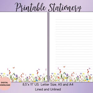 Papier à lettres floral lettre A4,A5,lettre US,Téléchargement instantané,Ligné non doublé,Ensemble d'écriture fleurs sauvages,Fleurs de papeterie imprimable,PDF numérique