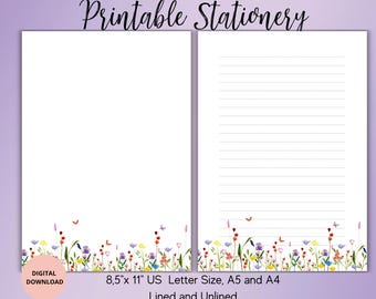 Floral Writing Paper Letter A4,A5,US Letter,Instant Download,Lined Unlined,Wildflower Writing Set ,Flower Printable Stationery,Digital PDF