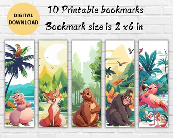 May include: Set of 10 printable bookmarks featuring colorful jungle animals. Each bookmark is 2 inches by 6 inches and features a different animal, including a hippopotamus, fox, bear, monkey, and flamingo.