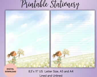 Girl with Daisy  Printable Stationery-Watercolor Summer Writing Paper Set Unlined Lined A4/A5/US Letter-Cute notepaper-Floral Stationary