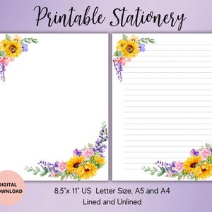 Papelería imprimible con diseño de girasoles: juego de papel para escribir con flores de verano, sin rayas, tamaño A4/A5/carta de EE. UU., papelería floral para cartas/notas, amigo por correspondencia