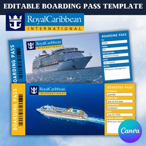 Modèle de carte d'embarquement modifiable pour une impression surprise de billets de croisière Royal Caribbean-Modèle Canva de carte d'embarquement-Téléchargement instantané
