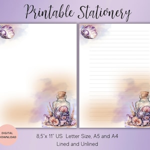 Sea Marine Printable Stationery, Ocean writing set,Watercolor Writing Paper Letter A4,A5,US Letter,Instant Download,Lined Unlined