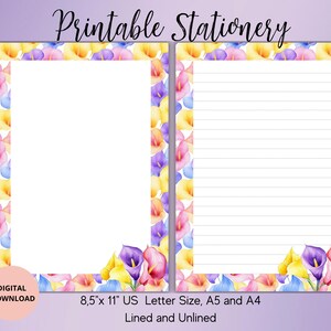 Bunte Calla Lilie Druckbares Briefpapier-Blumen Schreibpapier Unliniert Liniert A5/A4/US Letter-Niedliches Briefpapier für Briefe Notizen-Calla Notizblock
