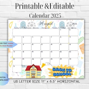 August 2025 EDITABLE Printable Calendar-Back to School Calendar-Calendar for classroom-Printable Fillable Monthly Planner-Instant Download
