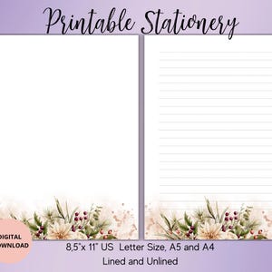 Winter Blume Schreibpapier Set A5/A4/US letter gefüttert unliniert Digitaler Download-Festliche Schreibwaren-Weihnachtsstern