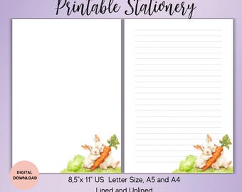 Cute Rabbits Printable Stationery- Animal Writing Paper Set Unlined Lined A4/A5/US Letter-Cute Animal Notepaper-Bunnies Stationery