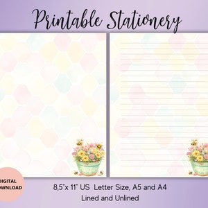 Biene und Blume Pen Pal Kit-Blumen Printable Briefpapier Set A5 / A4 / US Letter gefüttert unliniert-Blumen Briefpapier-Aquarell Pen Pal Lieferungen