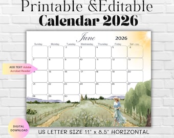 Calendario editable de junio de 2026 - Planificador mensual de verano de 2026 para la familia, el trabajo, la escuela, la oficina y el hogar - Calendario mensual imprimible