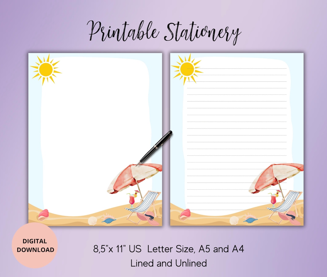 Summer Printable Stationery Beach Printable Stationary-letter Writing ...