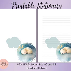 Papeterie à imprimer ours polaire-enfants papeterie mignon-ours ensemble de lettres d'écriture avec ligne sans doublure A4/A5//US Letter-handwriting pratique