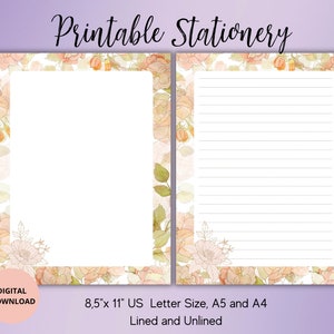 Papier à lettres imprimable fleurs roses sauvages aquarelle papier à lettres numérique lettre A4/A5/USletter avec lignes non doublées feuille pour mémo