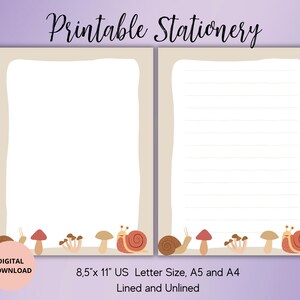 Papelería Snail Mail-Caracol con setas Papelería imprimible-Descarga digital Papel de escritura SetA4/A5/US Carta forrada sin forro-Lindo Bloc de notas