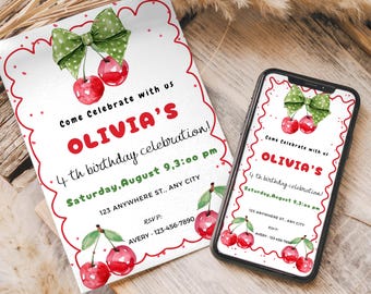 Cherry Birthday Invitation-Cherry Birthday-Birthday Invitation Template-Cherry  Invite Printable-Cherry  Digital Invite
