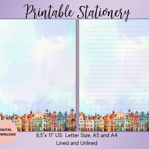 May include: Printable stationery featuring a watercolor cityscape with a light blue sky and white clouds. The stationery is available in 8.5 x 11 inch US Letter size, A5 and A4, and comes in lined and unlined options.