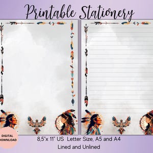 May include: Printable stationery featuring a Native American inspired design with arrows, feathers, and dreamcatchers. The design is in shades of red, blue, yellow, and green. The stationery is available in 8.5 x 11 inch US Letter size, A5 and A4, and comes in lined and unlined options.