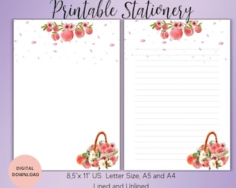 Peach Fruit Printable Stationery-Fruit Writing Paper Set Unlined Lined A5/A4/US Letter-Flower Notepad-Cute Stationery for Letters Notes