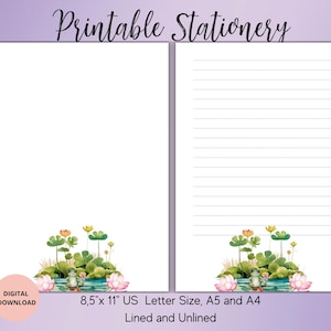 Peut inclure: Papeterie imprimable avec une grenouille assise sur un nénuphar dans un étang avec des nénuphars et des fleurs. La papeterie est disponible en format lettre US 8,5 x 11 pouces, A5 et A4, et est disponible en version lignée et non lignée.